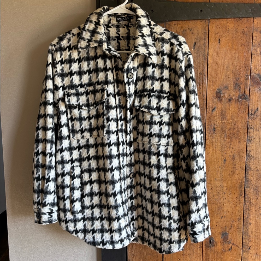 Nasty Gal Black and White Houndstooth Teddy Jacket